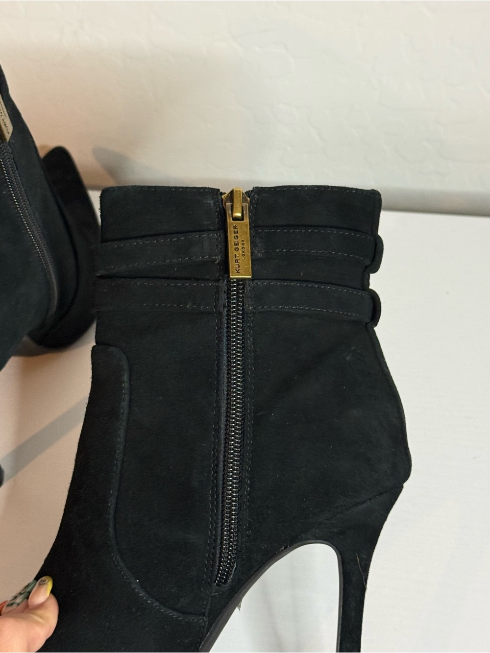 Kurt Geiger Manson Black Suede Pointed Ankle Boots with Gold Medallion Straps - Picture 5 of 7